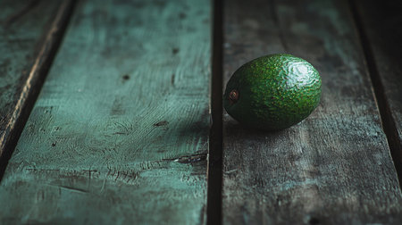 Avocado sits alone on a wooden table, illuminated by soft natural light in a simple setting.の素材