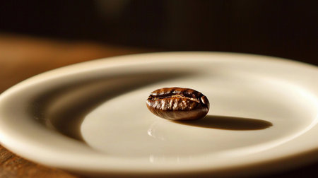 A single coffee bean rests on a white plate. The plate sits on a textured surface with soft light casting shadows.の素材