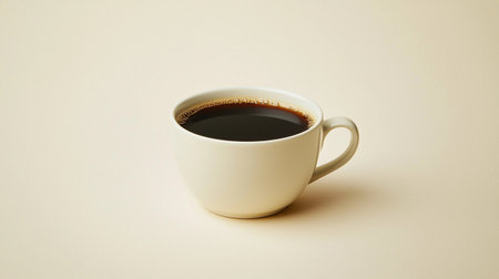 A coffee cup sits on a plain surface, illuminated by gentle morning light, inviting enjoyment.の素材