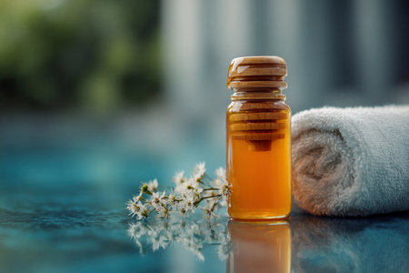 A honey bottle sits on a table near a towel and flowers beside a pool during daylight.の素材