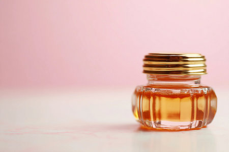 A honey jar sits on a light pink background, showing off its smooth glass surface and golden liquid.の素材