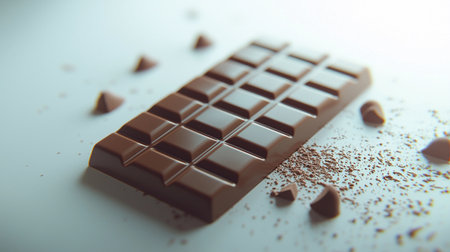 Chocolate bar placed on a clean surface with soft light and small pieces scattered nearby.の素材