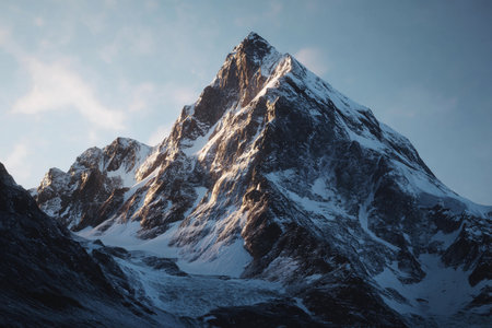 Golden hour light highlights the sharp peaks of a mountain range with snow and rocky cliffs at dusk.の素材
