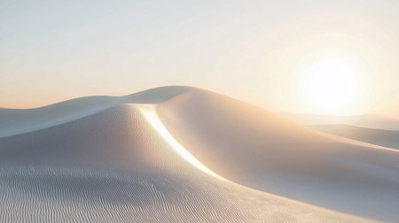 Sunlight shines on sand dunes in the morning. The surface shows simple lines with soft shapes and light colors.の素材