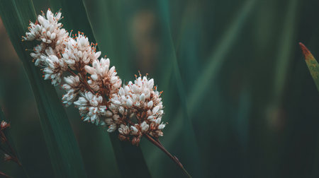 A close shot captures the details of a wildflower against green leaves in sunlight.の素材