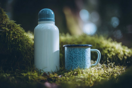 Mug and bottle rest on soft green moss under natural light in a forest setting.の素材