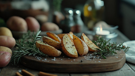 Potato wedges arranged on a wooden surface with herbs and salt in a simple kitchen setup.の素材
