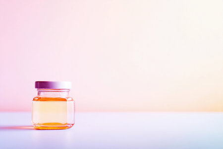 The jar of honey sits alone on a smooth surface with a pastel background that has gentle tones.の素材
