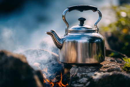 A kettle sits on stones above a small fire in the wilderness as steam rises into the air in daylight.の素材