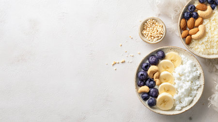 A breakfast plate holds sliced bananas, blueberries, almonds, and grains, ready to eat on a white surface.の素材