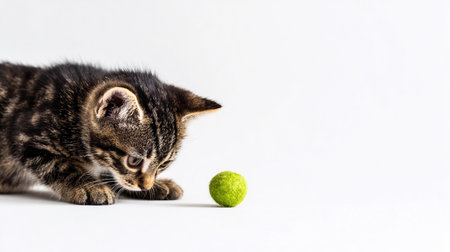 A small kitten is focused on a green ball while playing on a white surface in bright light.の素材
