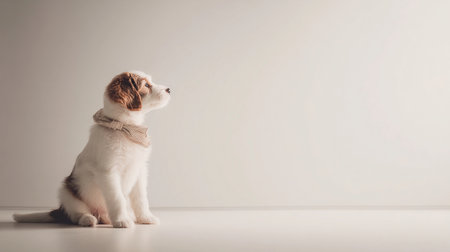 A small puppy sits on the floor wearing a bow and looks towards the side in a bright room with simple decor.の素材