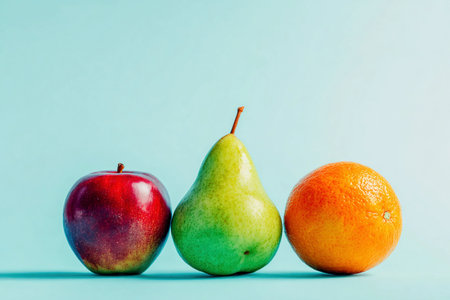 Three fresh fruits are placed in a row on a light blue background. An apple, a pear, and an orange contrast each other.の素材