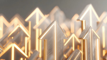 Upward arrows formed from glowing lines represent growth and progress in the business field.の素材