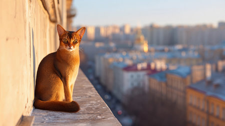 A cat rests on a travertine windowsill as the sun sets over the city skyline, creating a warm glow.の素材