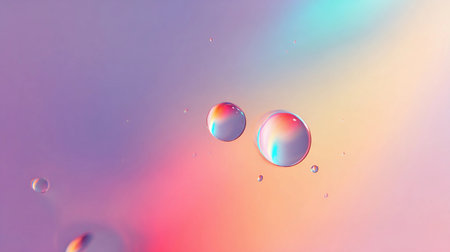 Droplets of water sit on a smooth pastel gradient background, showing light reflections and colors.の素材