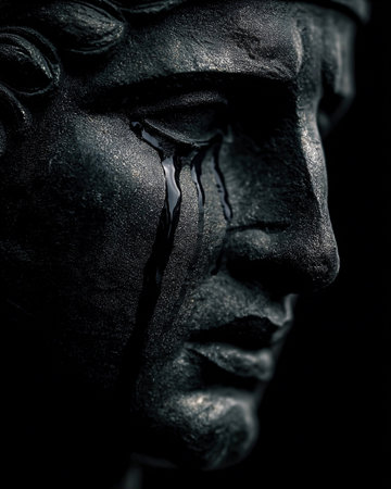 A Greek statue appears to cry black ink tears, adding a sense of chaos to its dark surroundings.の素材