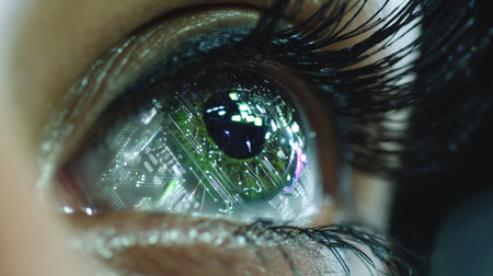 A close view of a robotic eye lens shows neon lights and a circuit pattern inside.の素材