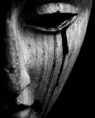 A Greek statue weeps black ink tears in a dark setting, showing a moment of chaos and distress.の素材