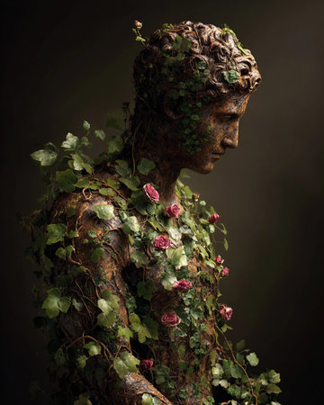 A statue shaped like a person is covered in green ivy and pink roses in a garden. The plants are alive and vibrant.の素材