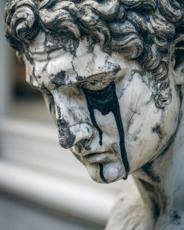 A statue from ancient Greece shows tears made of black ink flowing down its face, depicting chaos in a public place.の素材