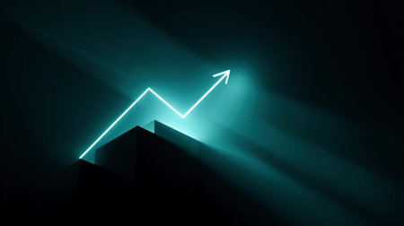 A glowing upward graph line shows positive growth in a dimly lit area with a dark background.の素材