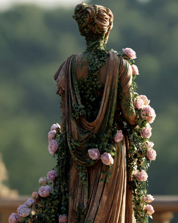 A statue stands surrounded by living ivy and pink roses in a garden under daylight.の素材