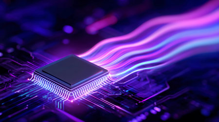 A chip core releases neon energy streams in a detailed high-tech circuit. The scene shows dynamic glowing colors.の素材