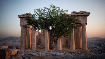 A statue in ancient ruins changes into a tree at sunset, blending nature and history.の素材