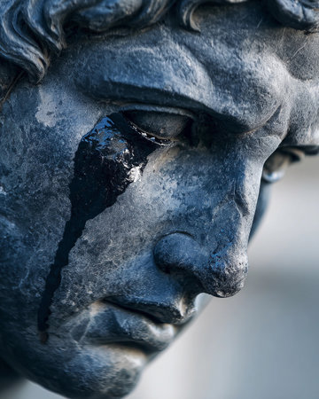 A Greek statue with dark ink tears is on display, showing a moment of sorrow and chaos in a specific location.の素材