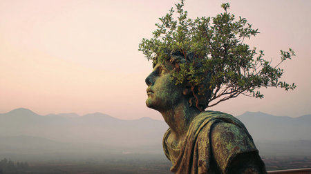 A Greek statue gradually becomes a tree with leaves at sunset in a calm location.の素材