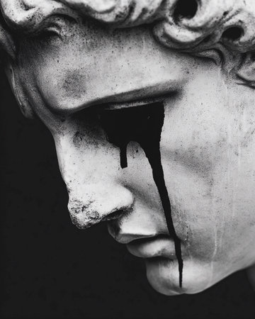 A Greek statue displays tears of black ink flowing down its face, symbolizing chaos and despair.の素材