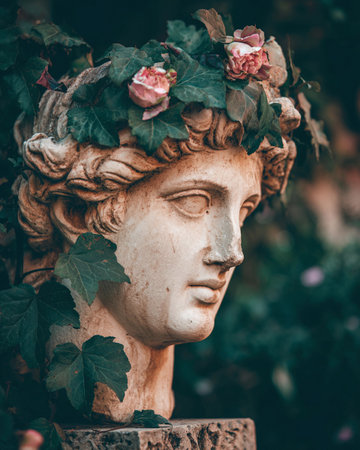 A Greek statue covered in green ivy and blooming roses stands in a garden on a sunny day.の素材