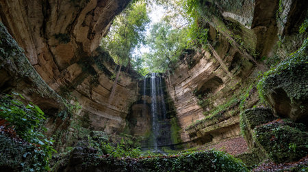 Water flows upward from a stone well surrounded by rock formations and lush greenery on a sunny day.の素材