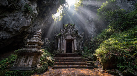 Light streams through trees, illuminating the entrance to an ancient temple surrounded by nature.の素材