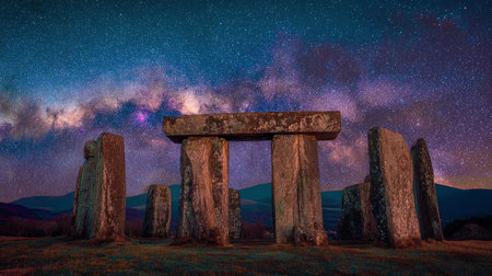 Stone circle stands tall under a galaxy full of stars at night in a vast open landscape.の素材