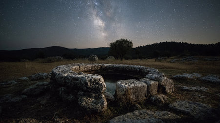 A stone well stands under a starry sky with a galaxy visible at the bottom during nighttime.の素材