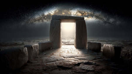 A stone circle stands open, revealing a bright portal leading to a star-filled galaxy above.の素材