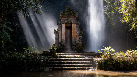 Waterfall of light reveals a hidden temple entrance in a dense forest during daylight hours.の素材
