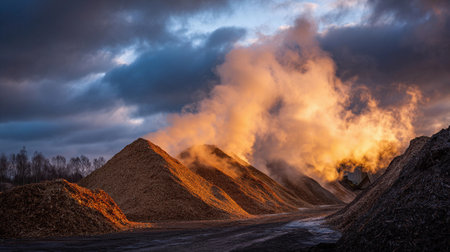 Steam rises from a large wood chip pile at an eco plant during morning hours while clouds cover the sky.の素材