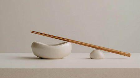 Chopsticks are placed on a simple ceramic rest on a flat surface in a minimal setting.の素材