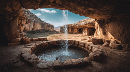 Water flows upward into the sky from a stone well surrounded by a rocky landscape during the day.の素材