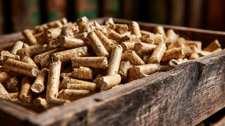 Wooden bin filled with fuel pellets ready for use in heating and energy production.の素材