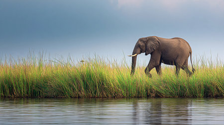 An elephant moves through tall grass by a watering hole on a clear day. The scene shows nature and wildlife.の素材