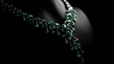 Necklace shows intricate design with emerald stones, illuminated by spotlight on black silk.の素材