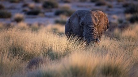 Elephant walks through tall grass near a watering hole under bright sunlight.の素材