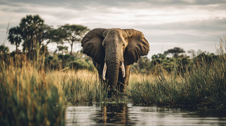 An elephant walks through tall grass at a watering hole during the evening hours. The scene is natural and full of life.の素材