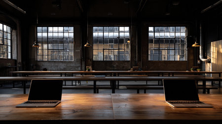 Several tables with closed laptops are arranged in a co-working space with large windows providing light.の素材