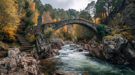 A stone bridge spans a rushing river surrounded by colorful autumn trees and rocky banks.の素材