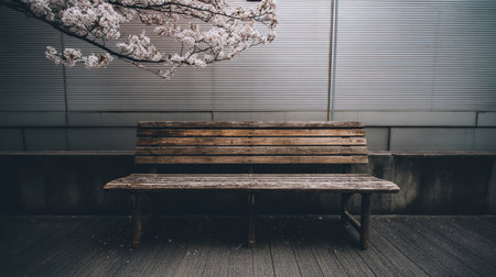 A wooden bench sits under a cherry blossom tree, surrounded by petals on the ground.の素材